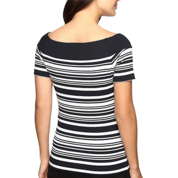 MICHAEL KORS NAVY/WHITE STRIPED TEXTURED PIQUE OFF THE SHOULDER TOP SzM - Picture 5 of 7